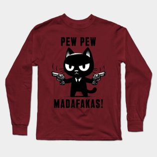 PEW PEW MADAFAKAS! Black Cat Vintage Long Sleeve T-Shirt